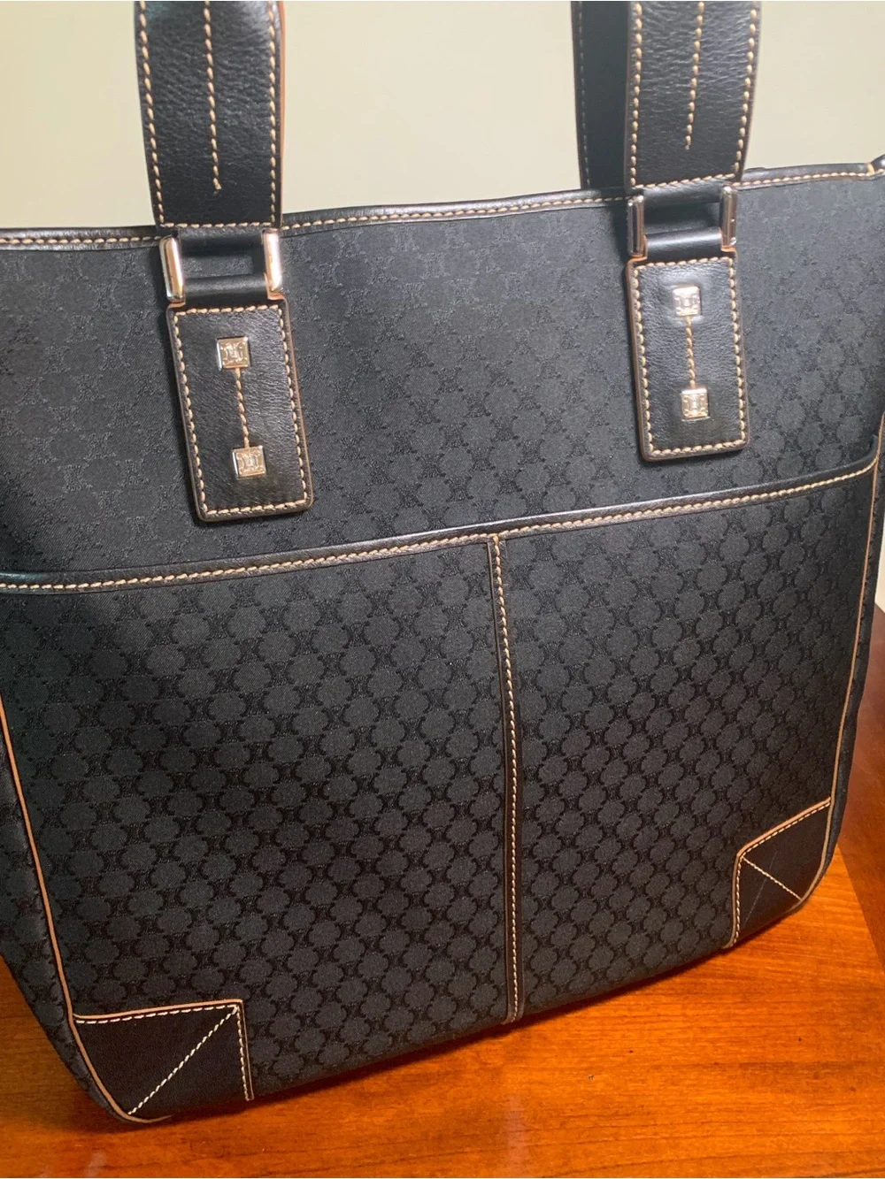 Celine Macadam Tote Handbag Black Canvas Leather